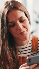 Fototapete - Online dating, phone or woman in home to relax on social media, texting application or chat subscription. Sign up, technology or girl with mobile message or smile for post, flirting or romantic match