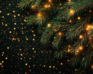 Poster - A lush evergreen fir branch adorned with warm golden lights sparkles against a dark background perfect for festive holiday designs.