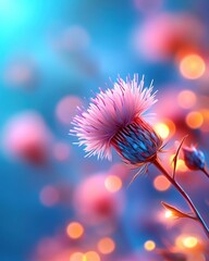 Fototapete - A vibrant pink thistle flower blooms brightly against a dreamy blue and orange bokeh background at sunset.