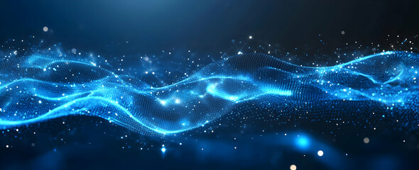 Wall Mural - blue technological background with light particles and wave lines