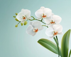 Poster - A branch of elegant white Phalaenopsis orchids blossoms beautifully against a soft teal background showcasing their delicate petals and vibrant green