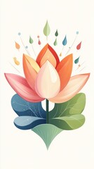 Leinwandbilder - A vibrant stylized lotus flower blossoms with colorful water droplets and radiating lines against a white background.