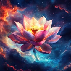 Aufkleber - A vibrant cosmic lotus flower blossoms amidst swirling nebulae and stars in a breathtaking digital artwork.