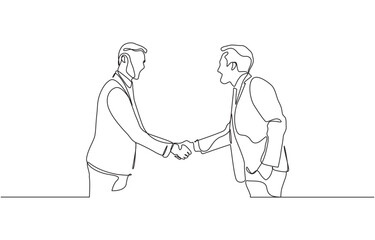 Continuous line drawing of two businessmen shaking hands, One line drawing of two businessmen in suitcase shaking hand and agree to deal a project. Single line drawing of business concept.