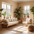 © Teeranan - Sunlit Living Room with Beige Sofa and Houseplants