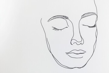 Poster - Minimalist black ink line drawing of an abstract face on white paper expressing calm and serenity in modern art style