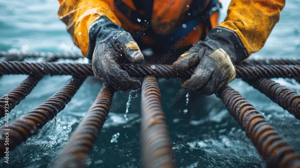 Rebar Ocean Marine construction worker securing underwater rebar framework ...