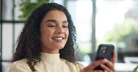 Aufkleber - Cellphone, smile and businesswoman in office with communication, contact or networking on mobile app. Technology, reading and magazine editor with reviews online with phone for publishing project.
