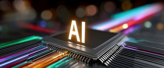 AI processor glowing brightly, connected to vibrant fiber optic cables