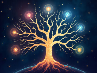 Wall Mural - generative ai cosmic tree of life and chakras tree branches roots chakra star cosmic glowing light o