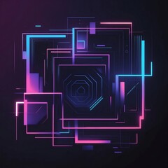 Aufkleber - Abstract neon geometric shapes glowing in dark background. Pink and blue lines form a complex pattern of squares and octagons