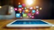 © JoaoNalio - Tablet displaying floating colorful app icons showcasing various functionalities and connectivity options, symbolizing modern technology.