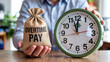 © Buckley - Time and compensation: A man carefully presents a canvas bag labeled 'Overtime Pay' alongside a clock, embodying the core idea of time and labor in the business world.