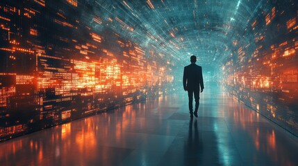 Man walks futuristic data tunnel, glowing code backdrop, digital future concept