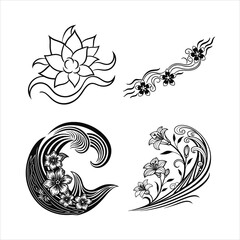 Wall Mural - Abstract Flower Wave Line Art Set Black & White Design Collection