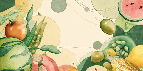 Fototapete - Watercolor illustration of assorted fruits and vegetables: tomato, watermelon, peas, olives, corn, creating a vibrant, healthy, and fresh food concept, ideal for culinary or agricultural themes