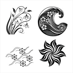 Wall Mural - Abstract Flower Wave Line Art Set Black & White Design Collection