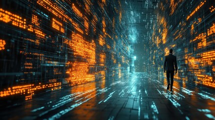 man walks futuristic data tunnel, code flows, city background, tech concept