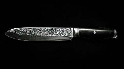 A decorative knife featuring floral designs on the steel blade