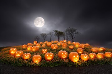 haunted pumpkin patch under moonlight with eerie glowing faces