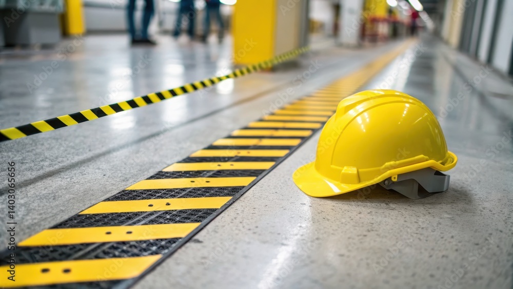 Safety Issue Factory factory worker factory floor accident Concept. Yellow hard hat on a ...