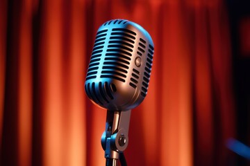 Aufkleber - Retro microphone stands ready for performance in spotlight with dramatic curtain backdrop on stage