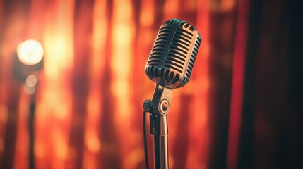 Aufkleber - Dramatic spotlight on retro microphone in front of curtain for an upcoming speech event on stage