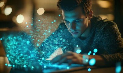 Hacker using laptop keyboard with creative API hologram on blurry background. Application Programming Interface concept. Interaction with digital icons representing API development, security.