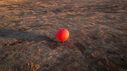 a vibrant red hot air balloon floats over arid terrain
