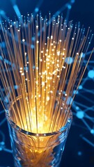 Wall Mural - illuminated fiber optic cables glowing inside glass, representing high speed data and networking tec