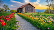 © Taras Vykhopen - Rustic barn surrounded by vibrant tulip fields under a picturesque spring sky
