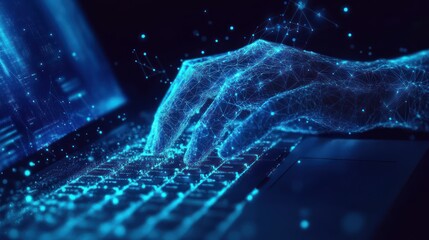 Digital hand typing code on laptop, glowing network background, tech concept
