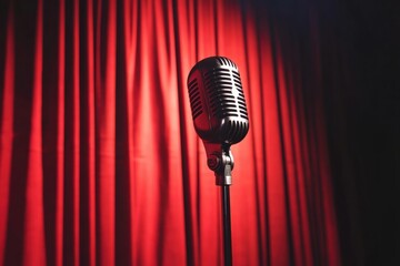 Aufkleber - Retro microphone positioned before dramatic red curtain under spotlight on stage for public speaking or performance