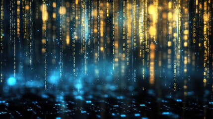 Golden blue data rain falling on digital surface, futuristic background, tech concept