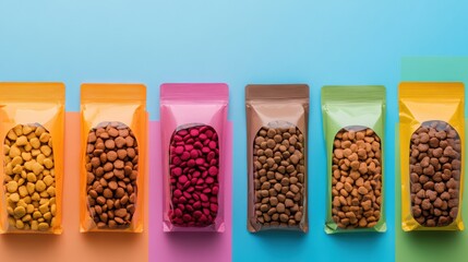 Poster - Sleek packaging mockups for colorful dry and wet pet food arranged in vibrant rows for an engaging visual display