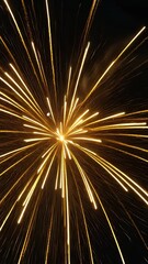 Wall Mural - Bright firework starburst, bursting gold light trails on black background for celebration, holiday, or party concept