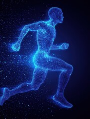 Aufkleber - Dynamic runner silhouette depicting muscle structure through glowing digital wireframe mesh in a motion freeze effect against a dark background