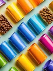Poster - Sleek and colorful packaging design mockups for dry and wet pet food arranged in rows in a flat presentation