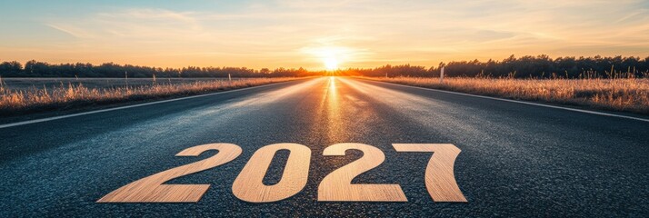 Aufkleber - Asphalt road leading to 2027 with wooden numbers illuminated by the vibrant sunset, highlighting a vision for the future