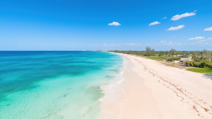 Wall Mural - A stunning aerial view of a serene beach with soft white sand and crystal-clear turquoise waters, perfect for a peaceful getaway. Experience tranquility and nature's beauty.