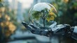 © Randu - Robot hand holding tree in glass sphere, cityscape background, environmental protection