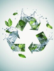 Leinwandbilder - Recycling icon featuring flowing water and green leaves in clean tones representing sustainability and environmental awareness