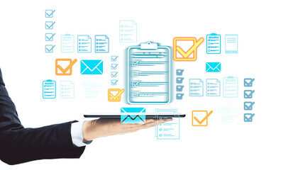 Poster - Businessman hand holding tablet with digital checkmark icons, clipboards, and documents on bright white background, concept of virtual approval