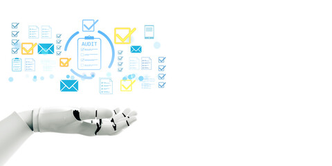 Poster - Robotic hand under digital audit icons with checkmarks, email, and files on white background. Concept of automation, validation, and success. 3D Rendering
