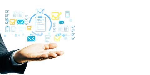 Poster - Businessman hand holding digital audit checklist icons with checkmarks, documents, and email symbols on a clean white background, concept of validation