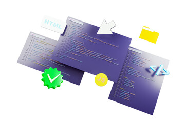 Poster - Colorful HTML, CSS, and JavaScript code snippets with coding symbols and design elements on a clean white background. Concept of software development. 3D Rendering