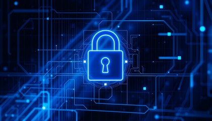 Digital security, glowing padlock icon, binary code background, cybersecurity concept, blue technology theme. generative ai