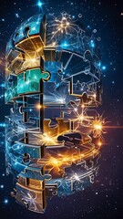 Wall Mural - surreal puzzle sphere with missing pieces and glowing interconnected network against starry space ba