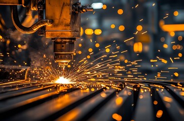 Poster - High-tech industrial laser cutting machine in action emitting bright sparks highlighting precision work : Generative AI