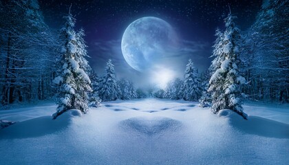 Wall Mural - Fairy forest covered with snow in a moon light